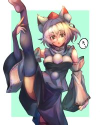 Rule 34 | 1girl, animal ears, bare shoulders, black legwear, black skirt, breasts, bridal gauntlets, c.parfait, detached sleeves, flexible, hat, highres, inubashiri momiji, large breasts, leaf, leg up, looking at viewer, maple leaf, medium skirt, open mouth, pom pom (clothes), red eyes, ribbon-trimmed sleeves, ribbon trim, shirt, short hair, silver hair, skirt, sleeveless, sleeveless shirt, solo, speech bubble, standing, standing on one leg, tail, tokin hat, touhou, turtleneck, white shirt, wolf ears, wolf tail