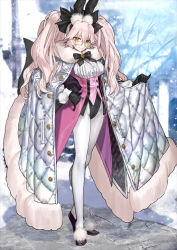 Rule 34 | 1girl, animal ear fluff, animal ears, black gloves, black ribbon, breasts, cape, fate/grand order, fate (series), fox ears, fox girl, fox tail, full body, fur-trimmed cape, fur trim, glasses, gloves, hair ribbon, koyanskaya (assassin) (second ascension) (fate), koyanskaya (fate), large breasts, leotard, long hair, looking at viewer, official art, pink hair, rabbit ears, ribbon, ruins, snowing, solo, tail, tamamo (fate), twintails, wada arco, white background, white leotard, yellow eyes