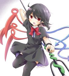 Rule 34 | 1girl, ahoge, asymmetrical wings, black dress, black hair, black thighhighs, blue wings, bow, bowtie, center frills, dress, frills, houjuu nue, looking at viewer, open mouth, pointy ears, puchimirin, red bow, red bowtie, red eyes, red wings, short hair, short sleeves, simple background, snake armband, solo, thighhighs, touhou, twitter username, white background, wings