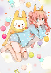 Rule 34 | 1girl, :o, animal ears, blue eyes, blush, rabbit ears, fly 333, hand on own face, long hair, original, pink hair, pom pom (clothes), shorts, slippers, solo, stuffed animal, stuffed rabbit, stuffed toy, thighhighs, twintails