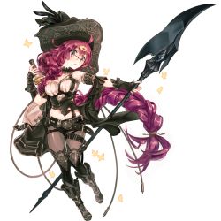 Rule 34 | 1girl, ahoge, bad id, bad twitter id, bag, black gloves, black shorts, blue eyes, blush, boots, braid, bug, butterfly, chibi, choker, dorothy (sinoalice), feathers, fingerless gloves, full body, glasses, gloves, hair ornament, hairclip, hat, holding, holding polearm, holding weapon, insect, long hair, moo alice moo, open mouth, pantyhose, paper, polearm, potion, purple hair, shorts, sinoalice, solo, standing, suspenders, weapon, white background
