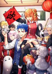 Rule 34 | 6+girls, ahoge, archer (fate), artoria pendragon (all), artoria pendragon (fate), black legwear, blonde hair, blue hair, capelet, carrying, ceiling, character request, chinese new year, chopsticks, closed eyes, cowboy shot, cu chulainn (fate), cu chulainn (fate/stay night), earrings, eating, facial mark, fate/grand order, fate (series), from side, gilgamesh (fate), green eyes, grey eyes, hair bun, hair over one eye, holding, indoors, jeanne d&#039;arc (fate), jeanne d&#039;arc alter santa lily (fate), jewelry, kangetsu (fhalei), lantern, long hair, looking at another, mash kyrielight, mordred (fate), mordred (fate/apocrypha), multiple girls, official alternate costume, open mouth, orange eyes, orange hair, pleated skirt, purple eyes, purple hair, saber (fate), short hair, shoulder carry, side bun, single side bun, skirt, spiked hair, thighhighs, translation request, vest, white hair, wide sleeves, zettai ryouiki