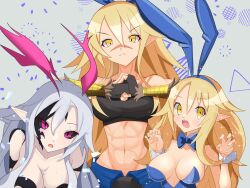 Rule 34 | abs, absurdres, animal ears, aura, bare shoulders, black sclera, blonde hair, bow, bowtie, breasts, brother and sister, choker, cleavage, colored sclera, confetti, corruption, dark persona, disgaea, disgaea rpg, facial tattoo, fingerless gloves, frown, gloves, highres, large breasts, leotard, liezerota, liezerota (disgaea), long hair, looking at viewer, makai senki disgaea 5, medium breasts, midriff, multiple girls, multiple persona, nippon ichi, official alternate costume, official alternate eye color, official alternate hair color, open mouth, pale skin, playboy bunny, pointy ears, possessed, possession, purple eyes, rabbit ears, scar, siblings, slit pupils, sparkle, tako (octpus), tattoo, triangle, void dark (disgaea), white hair, wrist cuffs, yellow eyes