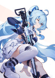 Rule 34 | 1girl, ahoge, asc11, bare shoulders, blue eyes, blue hair, blue nails, boots, breasts, chinese commentary, closed mouth, commentary, commentary request, dress, fingerless gloves, gloves, gun, hair between eyes, hair ornament, highres, holding, holding gun, holding weapon, honkai (series), honkai impact 3rd, long hair, looking at viewer, medium breasts, nail polish, one eye closed, ponytail, rifle, shigure kira, simple background, single thighhigh, smile, solo, thighhighs, weapon, white background, white footwear, white thighhighs