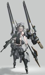 Rule 34 | 1girl, absurdres, assault rifle, bare shoulders, breasts, cannon, commentary request, eyes visible through hair, full body, grey background, gun, halo, headgear, highres, looking at viewer, mecha musume, mechanical halo, oota youjo, original, pink eyes, pointy ears, polearm, ribs, rifle, science fiction, shoulder cannon, small breasts, solo, spear, weapon, white hair