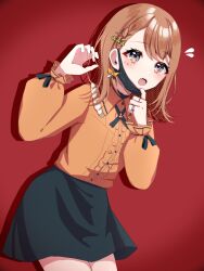 Rule 34 | 1girl, blush, braid, brown hair, commentary, grey eyes, hair ornament, hanasato minori, heart, highres, long hair, long sleeves, looking at viewer, mask, mask pull, medium hair, open mouth, project sekai, red background, ribbon, shirt, simple background, skirt, solo, szmymsz, vampire (vocaloid)