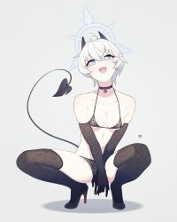 Rule 34 | ahoge, animal print, artist logo, bangs, bare shoulders, black bra, black footwear, black gloves, black panties, black thighhighs, blue archive, bra, breasts, cleavage, collar, demon tail, elbow gloves, erika (blue archive), fang, full body, gloves, grey background, halo, high heels, highres, horns, leopard print, looking at viewer, open mouth, panties, short hair, shoulder blades, simple background, skin fang, small breasts, smile, squatting, tail, thighhighs, underwear, v arms, white hair, yan wan