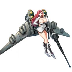 Rule 34 | 1girl, boots, breasts, cleavage, dress, full body, hairband, highres, huge breasts, jam (nandade), last origin, long hair, looking at viewer, mechanical wings, missile, official art, red eyes, smile, solo, strato angel (last origin), swept bangs, tachi-e, transparent background, white dress, wings