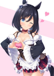 Rule 34 | 1girl, 7fuji 06, absurdres, animal ears, apron, black hair, blue eyes, blush, breasts, choker, cleavage, commentary, corset, cowboy shot, ear ornament, eishin flash (umamusume), frilled skirt, frilled sleeves, frills, heart, heart hands, highres, horse ears, horse girl, horse tail, long sleeves, looking at viewer, medium breasts, miniskirt, one eye closed, plaid, plaid skirt, short hair, skirt, smile, solo, tail, umamusume, waist apron, wide sleeves