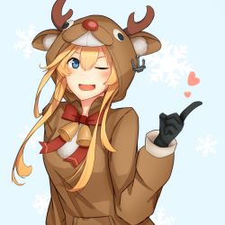 Rule 34 | 1girl, abukuma (kancolle), anchor, animal costume, bell, black gloves, blonde hair, blue eyes, blush, bow, bowtie, gloves, hair between eyes, heart, highres, kantai collection, long hair, long sleeves, looking at viewer, one eye closed, open mouth, red bow, red bowtie, reindeer costume, simple background, sleeves past wrists, smile, snowflakes, solo, tareme, upper body, yuubokumin