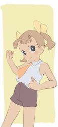 Rule 34 | 1girl, :3, animated, black eyes, black shorts, blinking, border, bow, brown hair, closed mouth, collared shirt, dancing, female focus, flat color, hair bow, looking at viewer, necktie, open mouth, orange necktie, original, outside border, ryo chimo, shirt, shirt tucked in, shorts, sleeveless, sleeveless shirt, smile, solo, twintails, video, video, white border, white shirt, yellow background, yellow bow