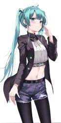 Rule 34 | 1girl, absurdres, ahoge, apple ringo, aqua eyes, aqua hair, belt, black coat, black pantyhose, blue shorts, buttons, closed mouth, clothes writing, coat, cowboy shot, crop top, cutoffs, denim, denim shorts, flat chest, hair ribbon, hand up, hatsune miku, highres, long hair, long sleeves, looking at viewer, midriff, navel, open clothes, open coat, pantyhose, ribbon, shirt, short shorts, shorts, sidelocks, simple background, solo, standing, stomach, thighs, turtleneck, twintails, v-shaped eyebrows, vocaloid, white background, white shirt, wing collar