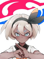 Rule 34 | 1girl, absurdres, bea (pokemon), black hairband, blonde hair, blush, bow hairband, clenched hand, closed mouth, collared shirt, commentary request, creatures (company), dark-skinned female, dark skin, eyelashes, game freak, gym leader, hair between eyes, hairband, hands up, highres, looking at viewer, necoski 2, nintendo, pokemon, pokemon swsh, print shirt, shirt, short hair, short sleeves, solo