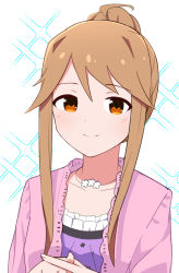 Rule 34 | 1girl, brown eyes, brown hair, closed mouth, collarbone, commentary request, hair bun, idolmaster, idolmaster million live!, jewelry, long hair, looking at viewer, necklace, simple background, single hair bun, smile, solo, tenkuubashi tomoka, trinitro t, upper body, white background
