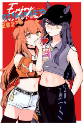 Rule 34 | 2girls, alternate costume, animal ears, bandaid, bandaid on face, bandaid on nose, bare shoulders, baseball cap, belt, black headwear, black pants, black thighhighs, blue eyes, border, breasts, collared shirt, commentary request, cowboy shot, crazy straw, crop top, cropped jacket, cup, drinking, drinking straw, ears through headwear, english text, grey shirt, hand on another&#039;s waist, hat, heart straw, highres, holding, holding cup, horse ears, horse girl, horse tail, jacket, jewelry, long hair, mayano top gun (chill chill night) (umamusume), mayano top gun (umamusume), midriff, multiple girls, narita brian (umamusume), navel, orange hair, orange jacket, outside border, pants, pendant, purple hair, red background, shared drink, shirt, short shorts, shorts, sleeveless, sleeveless shirt, small breasts, standing, tail, tank top, thighhighs, two side up, umamusume, white border, white shorts, yellow eyes, yonu (yonurime), yuri