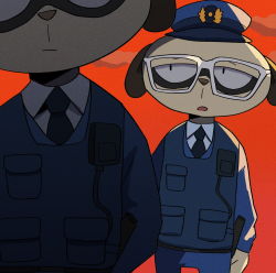 Rule 34 | 2boys, black necktie, brothers, collared shirt, daimon kenshirou, daimon koushirou, furry, furry male, gizugazu, glasses, hat, looking at another, male focus, meerkat boy, multiple boys, necktie, odd taxi, open mouth, police, police hat, police uniform, shirt, siblings, standing, twins, uniform, walkie-talkie, white-framed eyewear