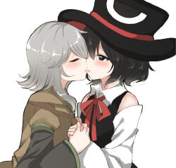 Rule 34 | 2others, androgynous, black eyes, black hair, black headwear, black shirt, black vest, brown jacket, closed eyes, collared shirt, commentary request, detached sleeves, enraku tsubakura, green trim, grey hair, hat, highres, holding hands, houlen yabusame, jacket, kiss, layered sleeves, len&#039;en, long sleeves, multiple others, neck ribbon, other focus, ougi hina, puffy short sleeves, puffy sleeves, red ribbon, ribbon, shirt, short hair, short hair with long locks, short over long sleeves, short sleeves, simple background, sleeveless, sleeveless shirt, two-sided fabric, two-sided headwear, vest, white background, white shirt, white sleeves