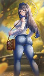 Rule 34 | 1girl, ass, autumn, autumn leaves, bag, bag charm, bare shoulders, black hair, blue eyes, blue hair, blue pants, breasts, charm (object), denim, glasses, hair intakes, halo, handbag, hololive, hololive english, jeans, large breasts, long hair, looking at viewer, multicolored hair, official alternate costume, official alternate hair length, official alternate hairstyle, ouro kronii, ouro kronii (casual), pants, park, red-framed eyewear, seapupu, shirt, smile, solo, tree, two-tone hair, virtual youtuber, white shirt