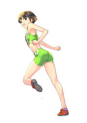 Rule 34 | 1girl, :d, bike shorts, black hair, breasts, brown eyes, fujisawa takashi, full body, highres, open mouth, original, running, short hair, simple background, small breasts, smile, solo, track and field, white background