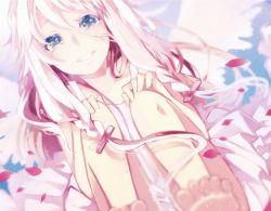 Rule 34 | 1girl, bad id, bad pixiv id, barefoot, blue eyes, from below, grin, hands on own knees, ia (vocaloid), itamidome, long hair, petals, pink hair, smile, solo, squatting, tears, toes, vocaloid
