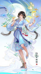 Rule 34 | 1girl, absurdres, ankle bell, ankle flower, bai moqing (xianjian qixia zhuan 7), black hair, blue dress, blue footwear, breasts, chinese clothes, copyright name, dress, flower, flower bracelet, full body, hair ornament, highres, logo, long hair, medium breasts, official art, origami, paper crane, second-party source, shoes, smile, solo, tassel, white flower, wide sleeves, xianjian qixia zhuan, xianjian qixia zhuan 7
