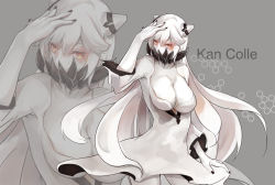 Rule 34 | 10s, 1girl, abyssal ship, breasts, cleavage, colored skin, covered mouth, dress, female focus, horns, kantai collection, large breasts, long hair, looking at viewer, midway princess, monochrome, pale skin, red eyes, solo, very long hair, white dress, white hair, white skin, yexin, zoom layer