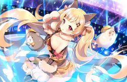 Rule 34 | 1girl, ahoge, animal ears, animal hands, azur lane, bare shoulders, blonde hair, blush, bow, cat, commentary request, crop top, eldridge (azur lane), eldridge (kitty idol) (azur lane), facial mark, flat chest, floating hair, fortissimo, fur collar, fur trim, gloves, glowstick, hair bow, hair ornament, hairclip, kurot, long hair, looking at viewer, meowfficer (azur lane), midriff, miniskirt, musical note, musical note hair ornament, orange skirt, parted lips, paw gloves, pleated skirt, red eyes, skirt, solo, stage lights, thighhighs, twintails, very long hair