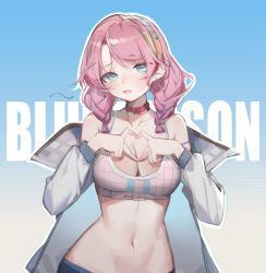 Rule 34 | 1girl, absurdres, arknights, bare shoulders, blue background, blue eyes, blue poison (arknights), blue poison (shoal beat) (arknights), breasts, camisole, character name, chinese commentary, cleavage, commentary request, crop top, gradient background, grey background, hairband, highres, jacket, lekou, looking at viewer, medium breasts, midriff, navel, off shoulder, official alternate costume, open clothes, open jacket, open mouth, pink hair, short hair, solo, spaghetti strap, sports bra, stomach, upper body