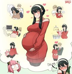 Rule 34 | 1boy, 2girls, ^ ^, absurdres, anya (spy x family), bare shoulders, big belly, blush, breasts, closed eyes, commentary, couple, dress, drunk, earrings, english commentary, hair ornament, hairpods, headband, highres, if they mated, imagining, jewelry, large breasts, leggings, multiple girls, off-shoulder sweater, off shoulder, pantyhose, pregnant, sick, smile, spy x family, squeans, surprised, sweater, sweater dress, thought bubble, toilet, tsukijitums, twilight (spy x family), vomiting, yor briar