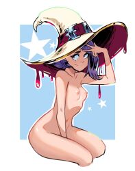 Rule 34 | 1girl, breasts, collarbone, commentary, completely nude, english commentary, hat, hat belt, highres, javehorny, navel, nipples, nude, original, pointy hat, purple hair, short hair, simple background, small breasts, solo, star (symbol), thighs, witch hat