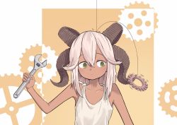 Rule 34 | 1girl, ari hinoko, bare arms, bare shoulders, closed mouth, commentary request, dark-skinned female, dark skin, fingernails, gears, green eyes, hair between eyes, hand up, highres, holding, horns, looking to the side, motion blur, motion lines, multiple horns, orange background, original, sheep girl, sheep horns, shirt, sleeveless, sleeveless shirt, solo, upper body, white hair, wrench
