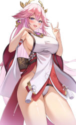Rule 34 | 1girl, animal ears, bare shoulders, blush, breasts, cowboy shot, crossed bangs, detached sleeves, earrings, floppy ears, fox ears, fox shadow puppet, genshin impact, groin, hair between eyes, hair ornament, hands up, highres, jewelry, kitin, large breasts, long hair, looking at viewer, nontraditional miko, open mouth, panties, panty straps, pelvic curtain, pink hair, purple eyes, sash, shirt, sideboob, simple background, sleeveless, sleeveless shirt, smile, solo, standing, thighs, underwear, white background, white panties, white shirt, white sleeves, wide sleeves, yae miko