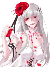 Rule 34 | 1girl, breasts, bridal gauntlets, cleavage, collar, collarbone, coquelic (path to nowhere), cropped torso, cross-laced clothes, cross-laced dress, detached sleeves, dress, falling petals, flower, hair flower, hair ornament, head tilt, highres, holding, holding flower, lingerie, long hair, looking at viewer, medium breasts, open mouth, path to nowhere, petals, red eyes, red flower, red petals, revealing clothes, ribbon earrings, ringed eyes, signature, simple background, smile, solo, teeth, thorns, underwear, upper body, upper teeth only, white background, white collar, white dress, white hair, white sleeves, yukikitsune kuutachibana