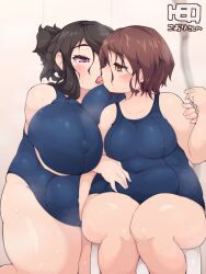 Rule 34 | 2girls, artist name, black hair, blue one-piece swimsuit, blurry, blurry background, blush, breasts, brown eyes, brown hair, collarbone, commentary request, commission, covered erect nipples, covered navel, fat, feet out of frame, hair between eyes, hair over eyes, hair over shoulder, hand on another&#039;s arm, heo (tkgm), highres, huge breasts, kiss, kneeling, medium breasts, medium hair, multiple girls, one-piece swimsuit, open mouth, original, purple eyes, second-party source, sitting, skeb commission, sweat, swimsuit, thick arms, thick thighs, thighs, translated, yuri