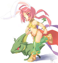 Rule 34 | 1girl, ahoge, amasa mitsunaru, animal ears, anklet, blush, cape, commentary request, dancer (ragnarok online), dragon, full body, green pants, halterneck, harem pants, jewelry, long hair, navel, open mouth, panties, pants, petite (ragnarok online), pink eyes, pink hair, rabbit ears, ragnarok online, red cape, red eyes, running, sandals, simple background, twintails, underwear, waist cape, white background, white panties