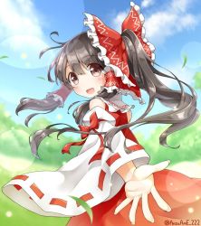 Rule 34 | 1girl, anzu ame, bare shoulders, blush, bow, brown eyes, brown hair, detached sleeves, hair bow, hair tubes, hakurei reimu, looking back, open mouth, ponytail, solo, touhou