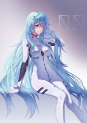 1girl, absurdres, alternate hair length, alternate hairstyle, ayanami rei, blue hair, breasts, closed mouth, commentary, evangelion: 3.0+1.0 thrice upon a time, gradient, gradient background, grey background, hair between eyes, highres, kirby d a, long hair, looking at viewer, medium breasts, neon genesis evangelion, plugsuit, rebuild of evangelion, red eyes, reverse cowgirl position, revision, sitting, solo, straddling, very long hair