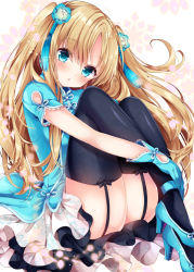 Rule 34 | 1girl, ass, black thighhighs, blonde hair, blue eyes, blue gloves, chestnut mouth, commentary request, garter straps, gloves, hair ornament, high heels, hugging own legs, long hair, looking at viewer, nogi takayoshi, original, solo, thighhighs, two side up