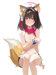 Rule 34 | 1girl, absurdres, animal ear fluff, animal ears, bikini, blue archive, brown hair, danyun 03, fox ears, fox girl, fox tail, halo, highres, izuna (blue archive), izuna (swimsuit) (blue archive), official alternate costume, pink halo, scarf, shorts, striped bikini, striped clothes, swimsuit, tail, visor cap, yellow eyes