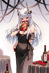 Rule 34 | 1girl, absurdres, alcohol, arknights, bare shoulders, black choker, black dress, black gloves, bowlp, box, breasts, choker, cleavage, detached sleeves, dress, earrings, gift, gift box, gloves, highres, holding, holding gift, horns, jewelry, large breasts, long hair, looking at viewer, material growth, mudrock (arknights), mudrock (obsidian) (arknights), navel, necklace, official alternate costume, oripathy lesion (arknights), pointy ears, red eyes, short sleeves, solo, standing, thighs, very long hair, white hair, wine