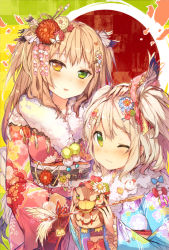 Rule 34 | 2girls, ;3, animal, arrow (projectile), bad id, bad pixiv id, bird, blonde hair, blue kimono, blush, breasts, camomi, chick, chicken, chinese zodiac, duck, floral print, flower, fur collar, green eyes, hair ornament, hairclip, heterochromia, holding, holding animal, japanese clothes, kanzashi, kimono, large breasts, long hair, looking at viewer, multiple girls, obi, one eye closed, original, parted lips, headpat, pink kimono, red flower, sash, silver hair, smile, two side up, year of the rooster, yellow eyes, yellow flower
