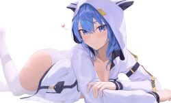 Rule 34 | 1girl, blue eyes, blue hair, closed mouth, heart, highres, hololive, hood, hooded jacket, hoodie, hoshimachi suisei, jacket, looking at viewer, lying, on stomach, simple background, solo, star (symbol), star in eye, symbol in eye, thighhighs, virtual youtuber, white background, white hoodie, white jacket, white thighhighs, zetacat