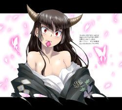 Rule 34 | 1girl, bare shoulders, black hair, blush, borrowed character, breasts, bug, butterfly, condom wrapper, horns, bug, karma (mugen), letterboxed, long hair, m.u.g.e.n, mouth hold, original, oso (toolate), red eyes, solo, translation request, watermark, web address
