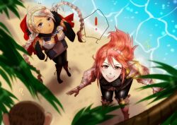 Rule 34 | 2girls, beach, braid, capelet, fire emblem, fire emblem fates, from above, looking at viewer, looking up, low twin braids, multiple girls, nina (fire emblem), nintendo, outdoors, pink hair, red capelet, sakudrew, soleil (fire emblem), twin braids, water