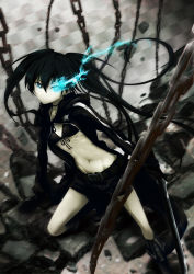 Rule 34 | 10s, 1girl, absurdres, bad id, bad pixiv id, bikini, bikini top only, black hair, black rock shooter, black rock shooter (character), blue eyes, chain, coat, female focus, glowing, glowing eyes, highres, monochrome, nanai, navel, scar, shorts, solo, spot color, swimsuit, twintails