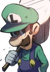 Rule 34 | 1boy, blue overalls, brown hair, facial hair, gloves, green hat, green shirt, hammer, hand in pocket, hat, highres, holding, holding hammer, looking at viewer, luigi, mari luijiroh, mario &amp; luigi rpg, mario (series), masanori sato (style), mustache, nintendo, over shoulder, overalls, shirt, short hair, simple background, solo, upper body, weapon, weapon over shoulder, white background, white gloves