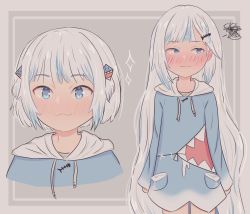 Rule 34 | :3, alternate hairstyle, arms at sides, blue dress, blue hair, blunt bangs, blush, bob cut, border, cropped torso, drawstring, dress, embarrassed, gawr gura, gawr gura (1st costume), grey background, hair ornament, hairclip, highres, hololive, hololive english, hood, hood down, hooded dress, kari star, long hair, looking at viewer, looking away, looking to the side, multicolored hair, multiple views, nose blush, parted bangs, pocket, shark hair ornament, short hair, sparkle, spoken squiggle, squiggle, two-tone hair, two side up, very long hair, virtual youtuber, wavy mouth, white hair