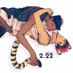 Rule 34 | 2boys, animal ears, aomine daiki, basketball jersey, black shirt, blue eyes, blue hair, clothes lift, dated, fang, fang out, halftone, hand in another&#039;s clothes, hug, kagami taiga, knees out of frame, kuroko no basuke, looking at viewer, male focus, multiple boys, panther boy, panther ears, panther tail, red eyes, red hair, shirt, shirt lift, simple background, sleeveless, sleeveless shirt, tail, tiger boy, tiger ears, tiger tail, twitter username, white background, white shirt, yaoi, yuuto (sky cloister)