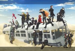 Rule 34 | 1other, 6+boys, 6+girls, ahoge, aya (project moon), black bow, black footwear, black gloves, black hairband, black jacket, black shirt, blonde hair, blue hair, blue scarf, blue sky, boots, bow, brown hair, bus, cape, charon (project moon), cloud, dante (limbus company), dgdg 0516, don quixote (project moon), effie (project moon), everyone, faust (project moon), gloves, green cape, gregor (project moon), hair bow, hairband, heathcliff (project moon), high ponytail, highres, hong lu (project moon), ishmael (project moon), jacket, limbus company, long hair, meursault (project moon), motor vehicle, multiple boys, multiple girls, nier (series), open mouth, orange hair, outis (project moon), pink hair, pointing, post-apocalypse, project moon, puffy short sleeves, puffy sleeves, red bow, rodion (project moon), ryoshu (project moon), sand, saude (project moon), scarf, shirt, shoes, short sleeves, sinclair (project moon), sitting, sky, sonya (project moon), vergilius (project moon), very long hair, white hair, yellow eyes, yi sang (project moon), yuri (project moon)