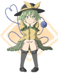 Rule 34 | 1girl, arm support, black footwear, black hat, black socks, bow, closed mouth, full body, green eyes, green hair, green skirt, hat, hat bow, head rest, heart, heart of string, highres, inuno rakugaki, kneehighs, knees together feet apart, komeiji koishi, loafers, long sleeves, looking at viewer, pigeon-toed, shirt, shoes, short hair, sitting, skirt, smile, socks, solo, touhou, wide sleeves, yellow bow, yellow shirt